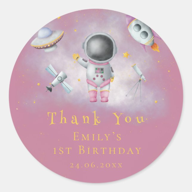 Space girl Astronaut pink rockets stars Birthday C Classic Round Sticker (Front)