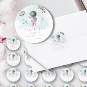 Space girl Astronaut pink rockets stars Birthday Classic Round Sticker