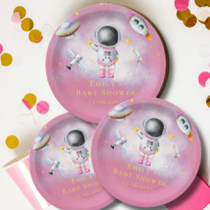 Space girl Astronaut rockets ufo stars Baby Shower Paper Plate