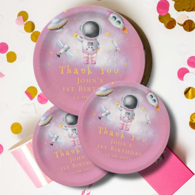 Space girl Astronaut rockets ufo stars Birthday Pa Paper Plate (Creator Uploaded)