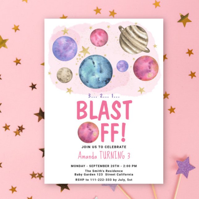 Space Girl Blast off Birthday Star Party Invitation (Creator Uploaded)