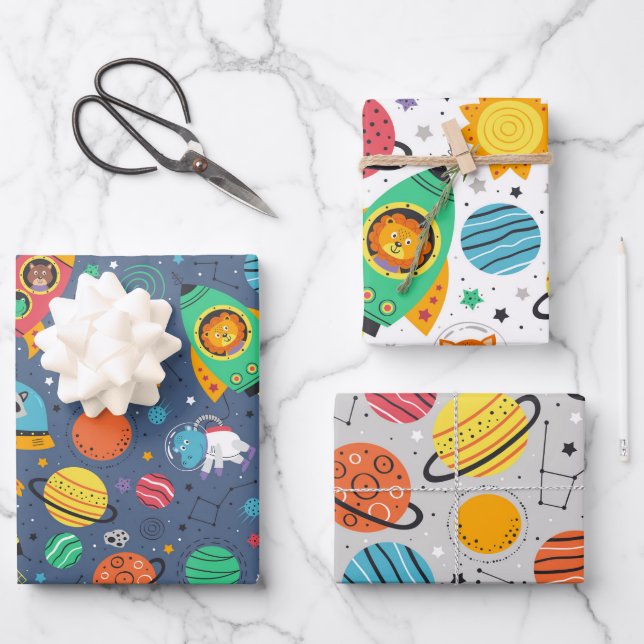 Space Hippo And Lion Planet Pattern Wrapping Paper Sheet (Front)