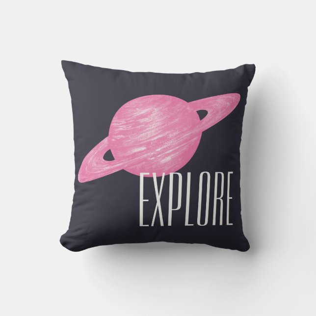 Space Illustration of Saturn Pink Blue Explore Cushion (Front)