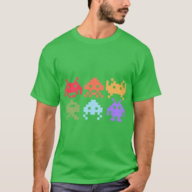 Space Invaders Piel Art Rainbow Aliens girl friend T-Shirt (Front)