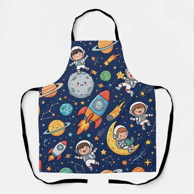 Space Kids Apron – Astronaut Moon Rocket Pattern (Front)