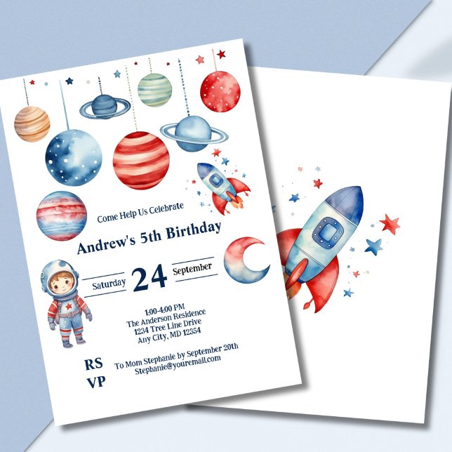 Space Kids Astronaut Planets Red Blue Boy Birthday Invitation (Space astronaut rockets planets boys birthday invitation, Red blue, Printed Digital)