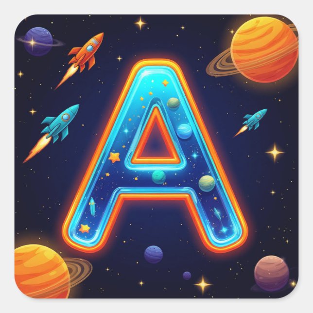 🌠 Space Letter A Galaxy Rockets Stars Planets 🌠 Square Sticker (Front)