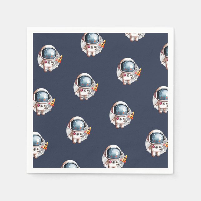 Space Man Rocket Ship Moon Birthday Napkin (Front)
