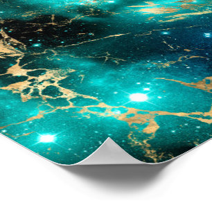Space Marble Black Green Starry Night Golden Poster