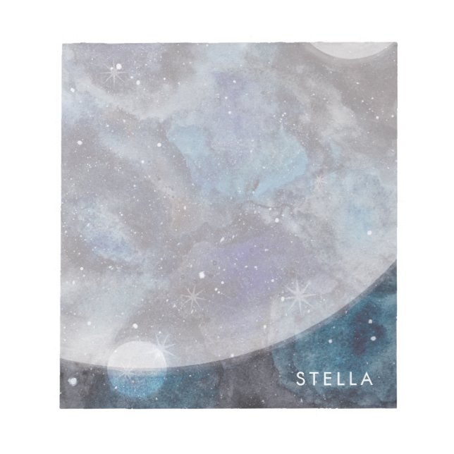 Space Moon Stars Watercolor Personalized Name Notepad (Front)