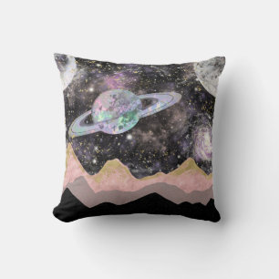 Space Mountains Gold Starry Sky Galaxy Planets Cushion