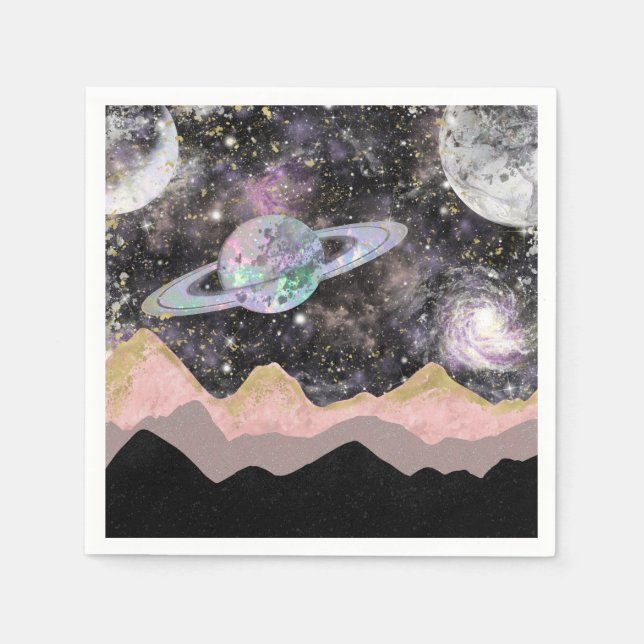 Space Mountains Gold Starry Sky Galaxy Planets Napkin (Front)