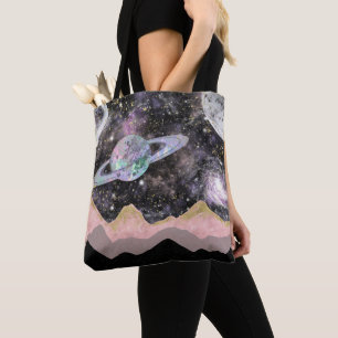 Space Mountains Gold Starry Sky Galaxy Planets Tote Bag
