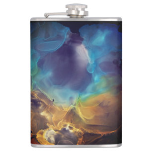 Space Nebula blue yellow Alcohol ink art  Hip Flask