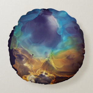 Space Nebula blue yellow Alcohol ink art    Round Cushion