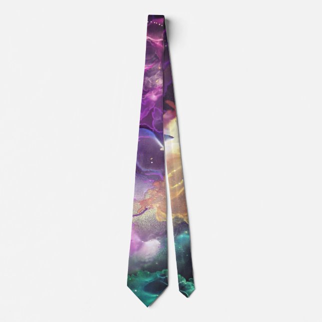 Space Nebula pink, gold green stars Alcohol ink  Tie (Front)