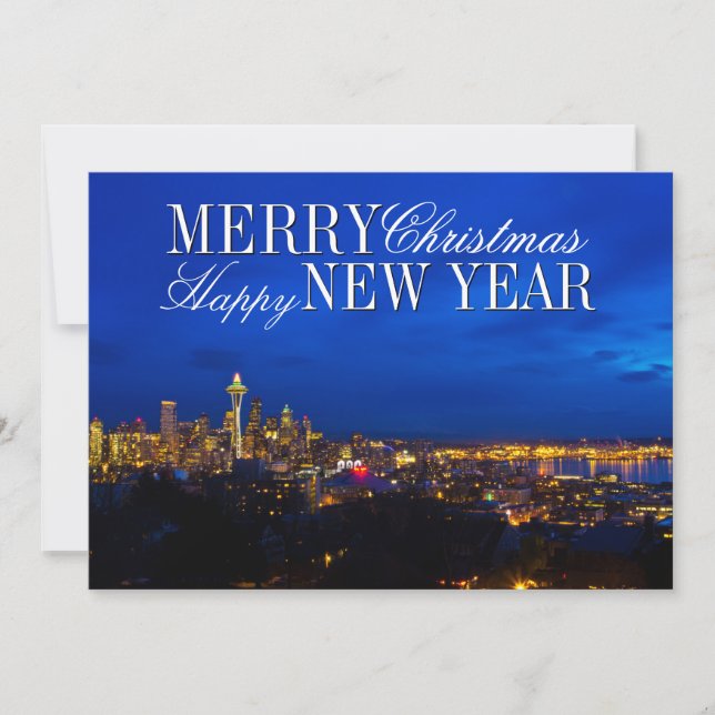 Space Needle Christmas Tree, Seattle Skyline Holiday Card (Front)