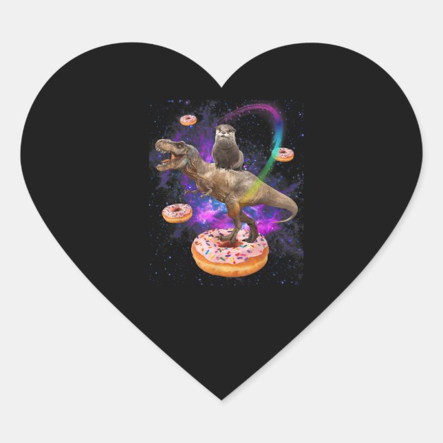 Space Otter Riding Dinosaur T-Rex Doughnuts Heart Sticker (Front)