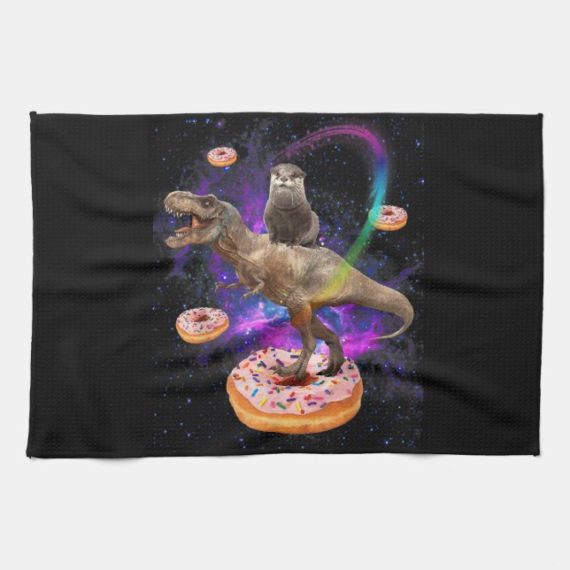 Space Otter Riding Dinosaur T-Rex Doughnuts Tea Towel (Horizontal)