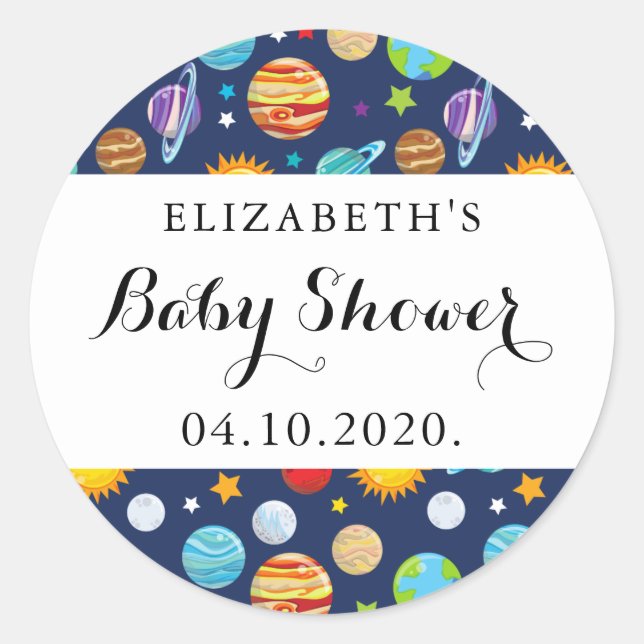 Space Pattern, Planets, Stars, Cosmos, Baby Shower Classic Round Sticker (Front)