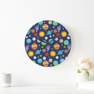 Space Pattern, Planets, Stars, Cosmos, Galaxy Large Clock
