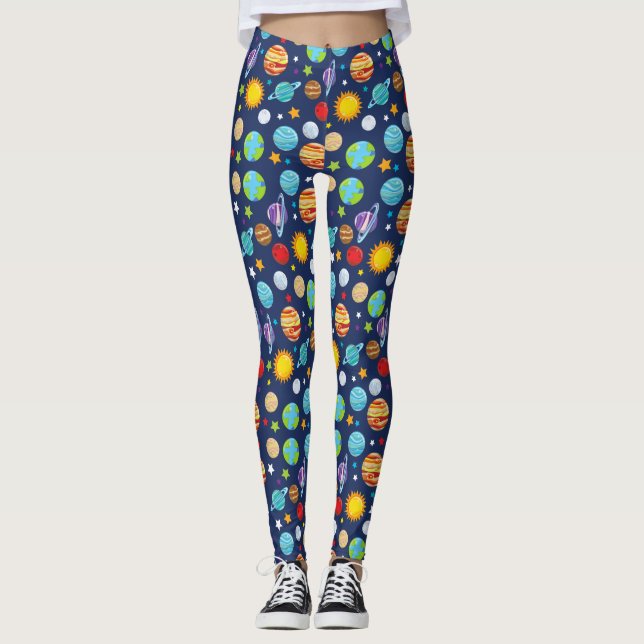 Space Pattern, Planets, Stars, Cosmos, Galaxy Leggings (Front)