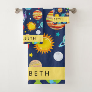 Space Pattern, Planets, Stars, Cosmos, Your Name Bath Towel Set