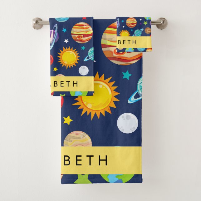 Space Pattern, Planets, Stars, Cosmos, Your Name Bath Towel Set (Insitu)