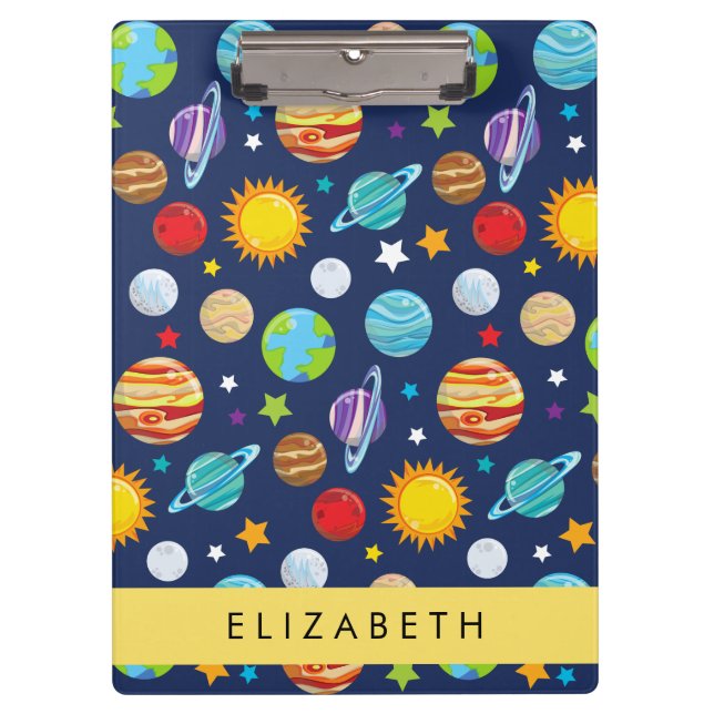Space Pattern, Planets, Stars, Cosmos, Your Name Clipboard (Front)