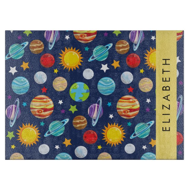 Space Pattern, Planets, Stars, Cosmos, Your Name Cutting Board (Front)