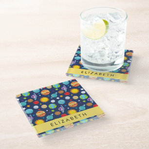Space Pattern, Planets, Stars, Cosmos, Your Name Glass Coaster