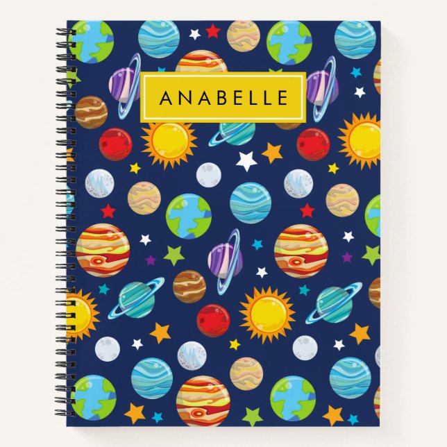 Space Pattern, Planets, Stars, Cosmos, Your Name Notebook (Front)