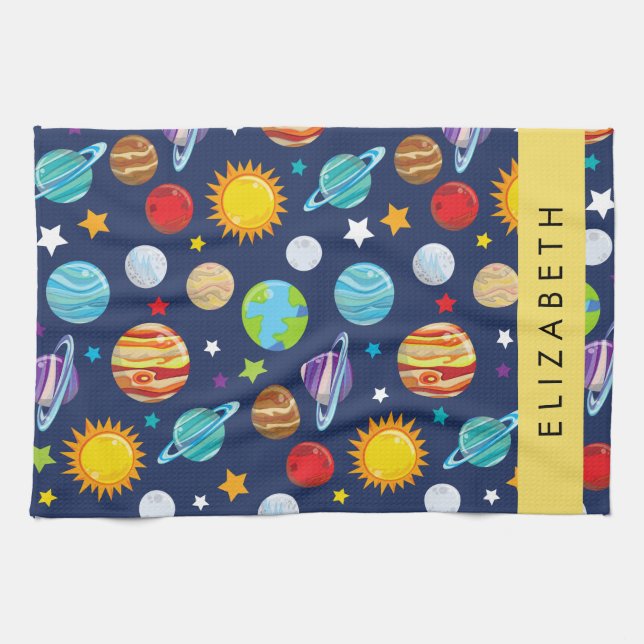 Space Pattern, Planets, Stars, Cosmos, Your Name Tea Towel (Horizontal)