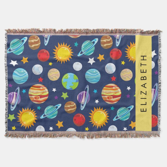 Space Pattern, Planets, Stars, Cosmos, Your Name Throw Blanket (Front)