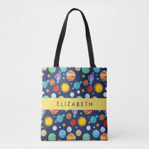 Space Pattern, Planets, Stars, Cosmos, Your Name Tote Bag
