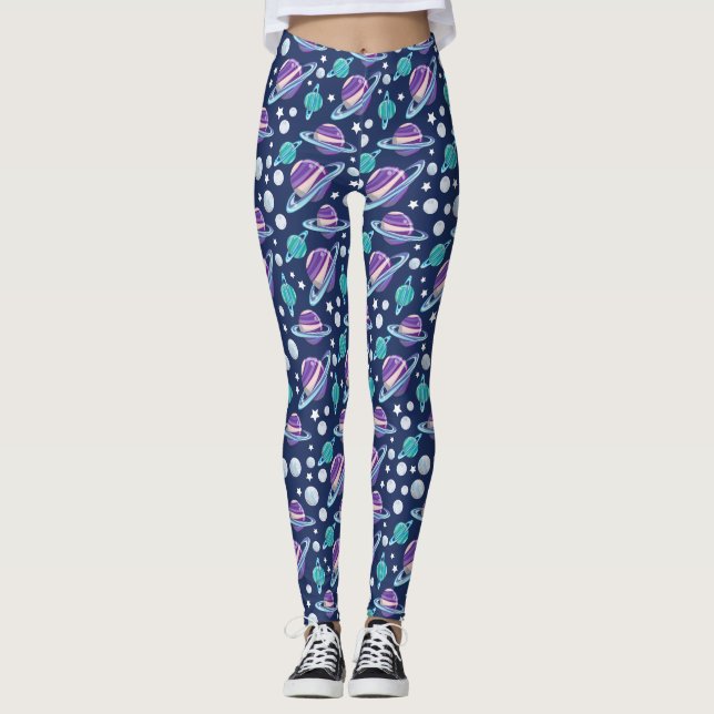 Space Pattern, Planets, Stars, Galaxy, Cosmos Leggings (Front)
