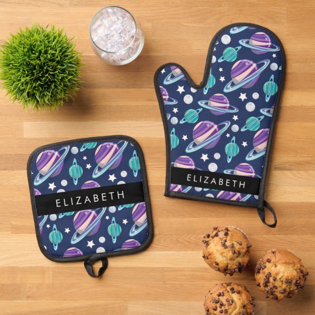 Space Pattern, Planets, Stars, Galaxy, Your Name Oven Mitt & Pot Holder Set (Top Down)