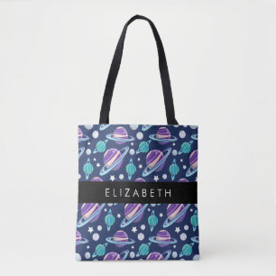 Space Pattern, Planets, Stars, Galaxy, Your Name Tote Bag