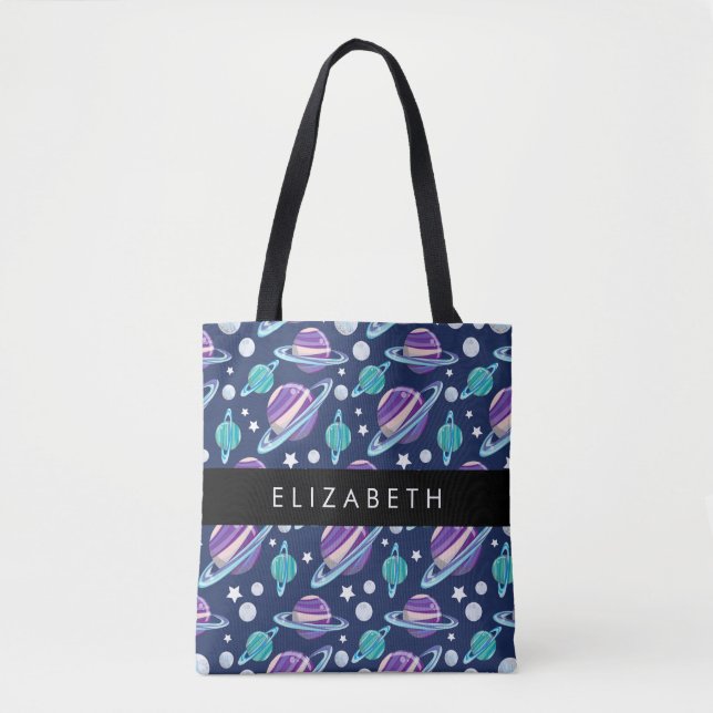 Space Pattern, Planets, Stars, Galaxy, Your Name Tote Bag (Front)