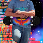 Space Phoenix Nebula Black Starlight Sky Skateboard<br><div class="desc">Fiery phoenix flying through space on a blue and purple nebula cloud. The sparkling cluster of stars crowning the mythical bird's head forms the phoenix constellation. ♡ Idyllfire</div>