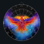 Space Phoenix Nebula Dartboard<br><div class="desc">Fiery phoenix flying through space on a blue and purple nebula cloud. The sparkling cluster of stars crowning the mythical bird's head forms the phoenix constellation. ♡ Idyllfire</div>