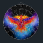 Space Phoenix Nebula Dartboard<br><div class="desc">Fiery phoenix flying through space on a blue and purple nebula cloud. The sparkling cluster of stars crowning the mythical bird's head forms the phoenix constellation. ♡ Idyllfire</div>