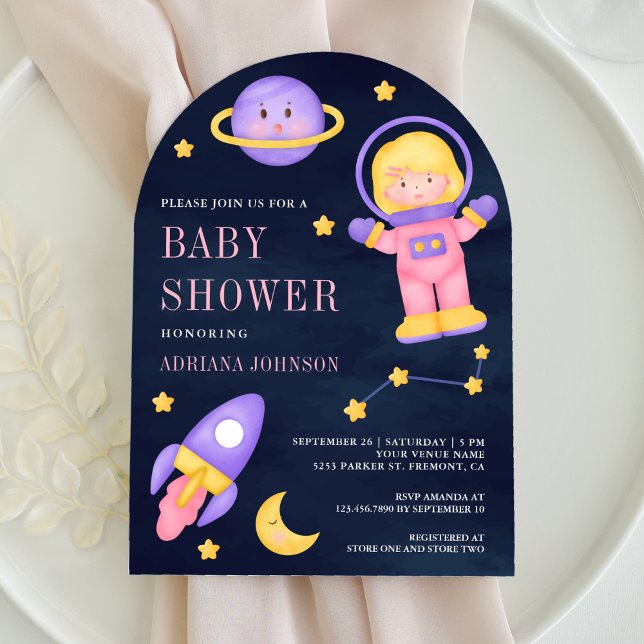 Space Pink Girl Astronaut Navy Arch Baby Shower Invitation (Creator Uploaded)