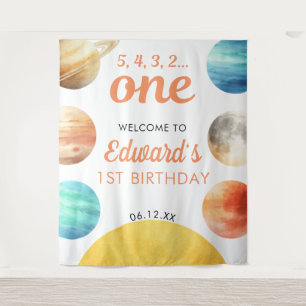 Space Planets 1st Birthday Photo Backdrop Tapestry