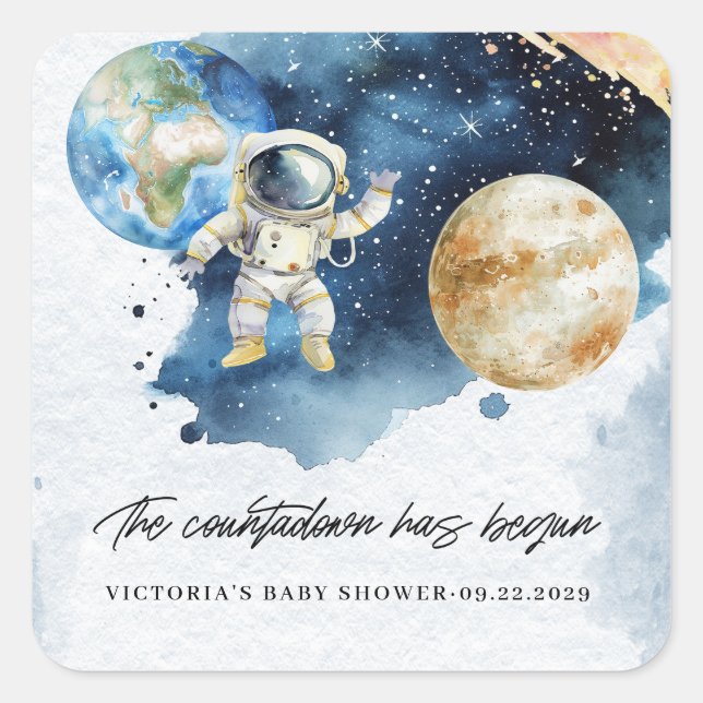 Space Planets Countdown Baby Shower Square Sticker (Front)