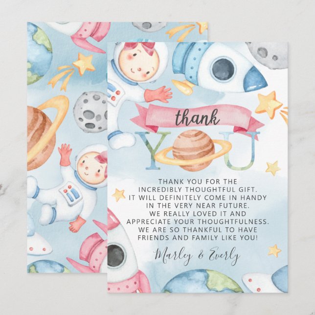 Space Planets Pink Girl Baby Shower Thank You Card (Front/Back)