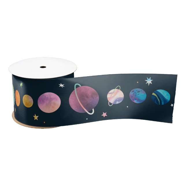 Space Planets Stars Moon Galaxy Watercolor Satin Ribbon (Spool)