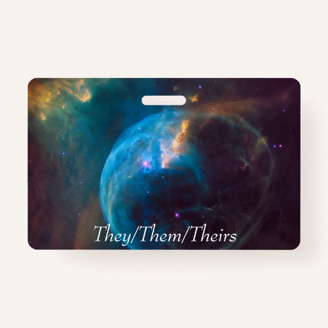Space pronoun card (They/them/theirs) ID Badge (Front)