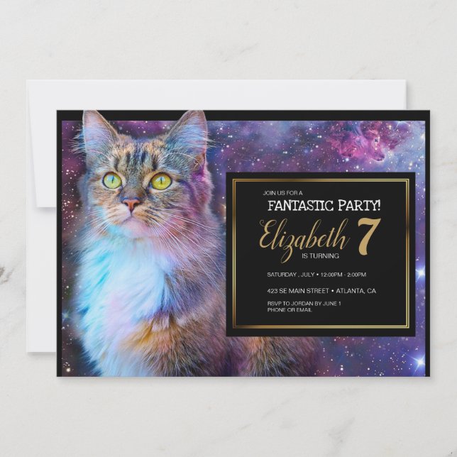 Space Purple Cat Party Invitation (Front)