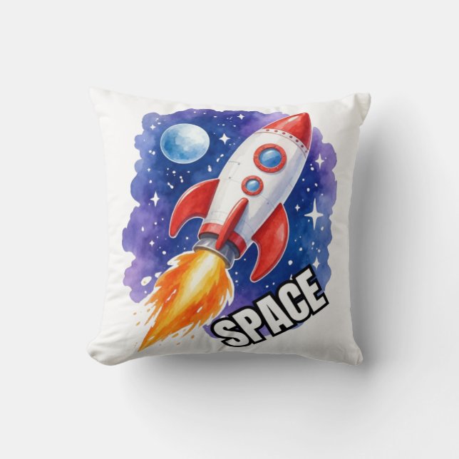 Space Rocket Adventure – Watercolor Rocket Cushion (Front)